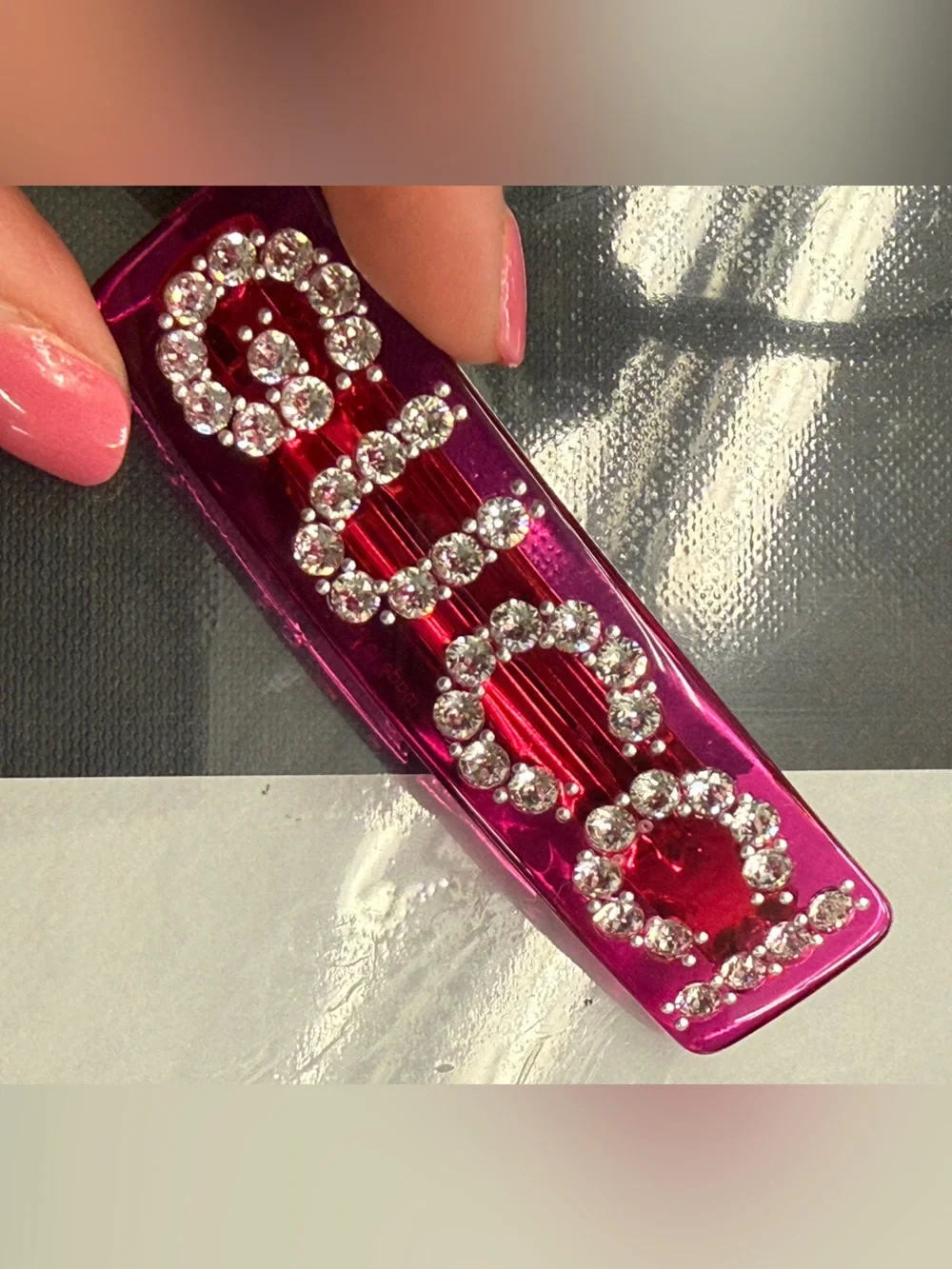 Gucci Hot Pink Jeweled Hair Clip with Clear Crystals
